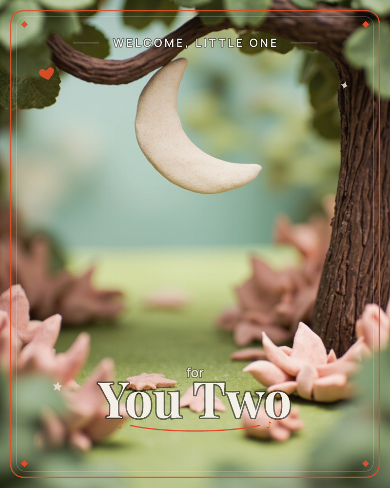 A pale crescent moon, crafted from soft clay-like material, hangs from a gnarled tree branch over a mossy green ground scattered with dusty pink…, a new baby e-card design