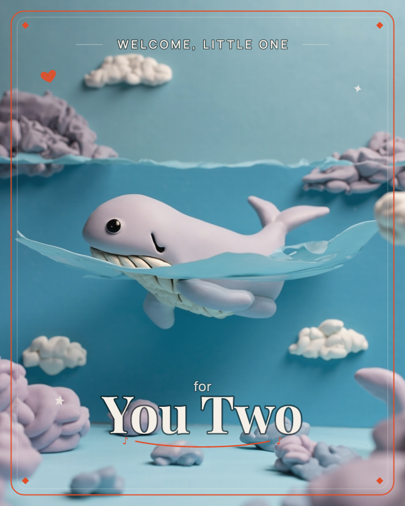 A claymation-style whale hangs suspended mid-swim, its little fin and tail curled in a gentle arc, with a translucent wave frozen around its open mouth, a new baby e-card design