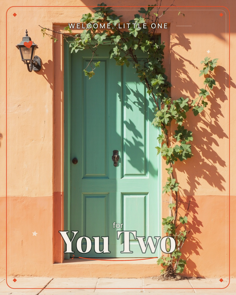 A weathered mint-green wooden door sits framed in a terracotta-orange wall, warmed by strong sunlight, a new baby e-card design