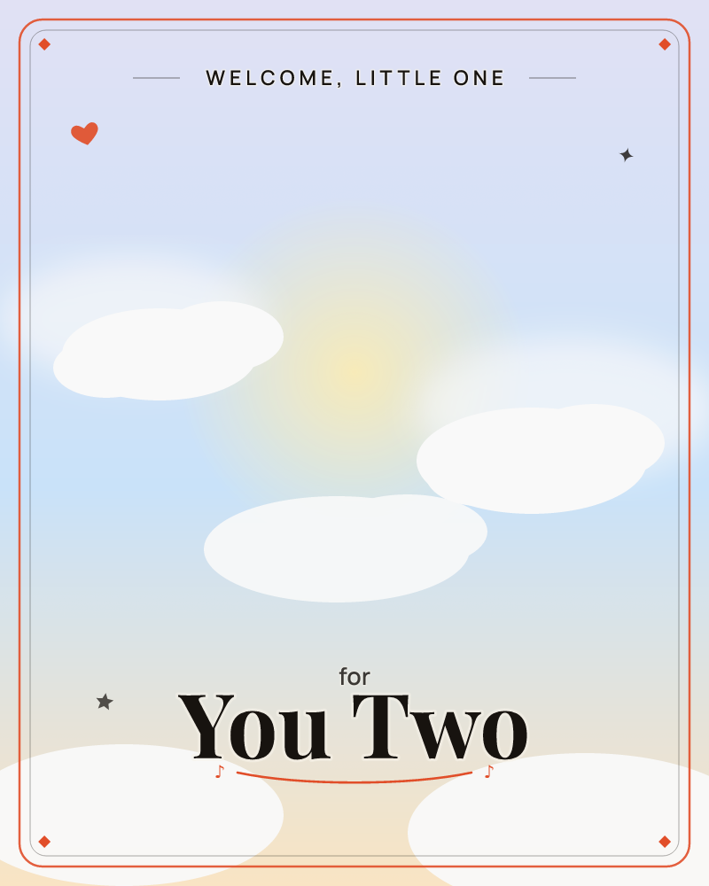 A soft daytime sky fills the card, pale blue fading into a warm haze near the horizon where a gentle sun glows behind a scattering of puffy white clouds, a new baby e-card design by @DittyCityTeam