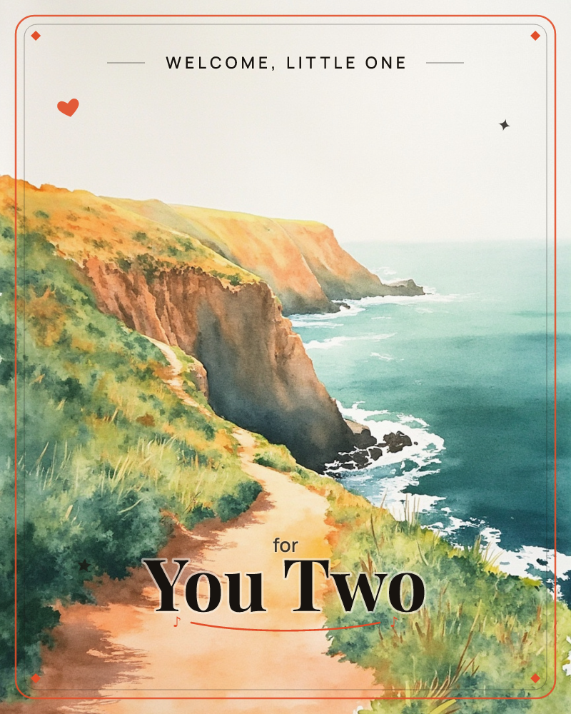 A winding dirt path traces the edge of sunlit coastal cliffs, with green shrubs and grasses spilling down toward turquoise waves breaking against rocky…, a new baby e-card design