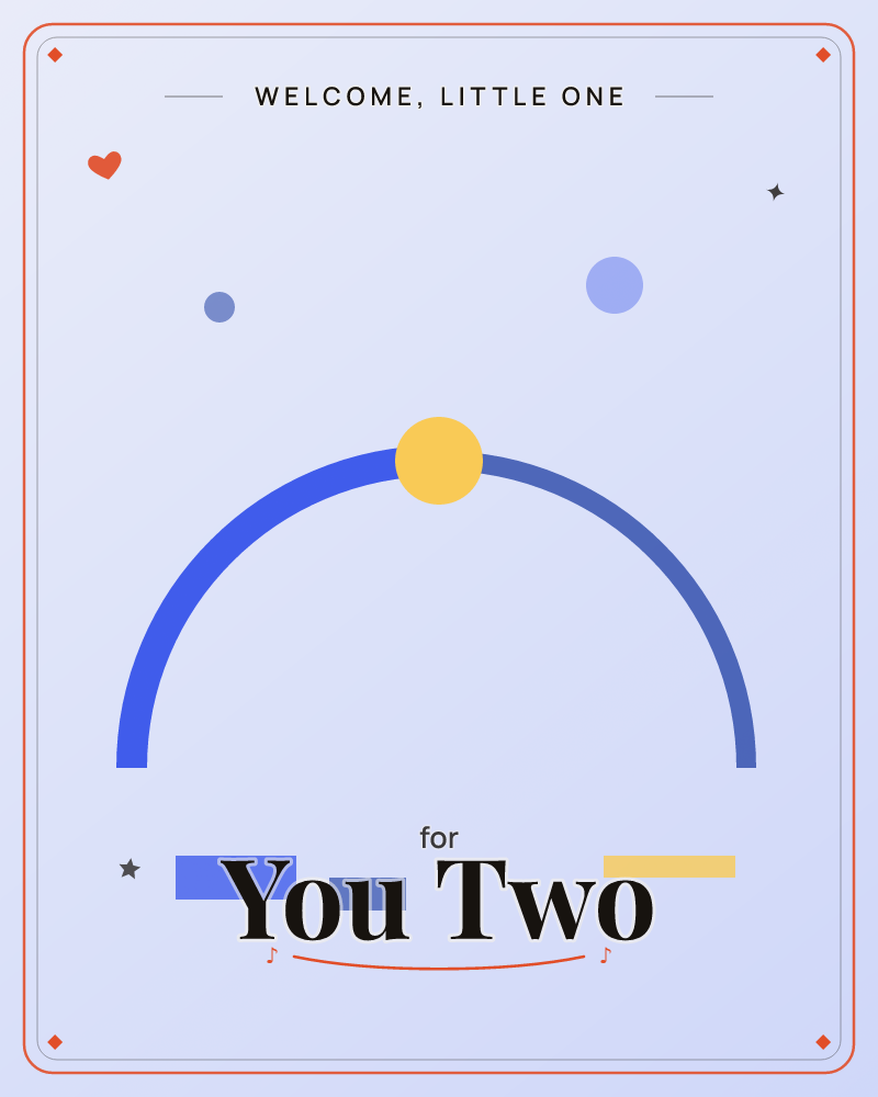 A simple geometric card shows a blue arc rising like a horizon line, with a golden sun perched right at its peak, a new baby e-card design by @DittyCityTeam