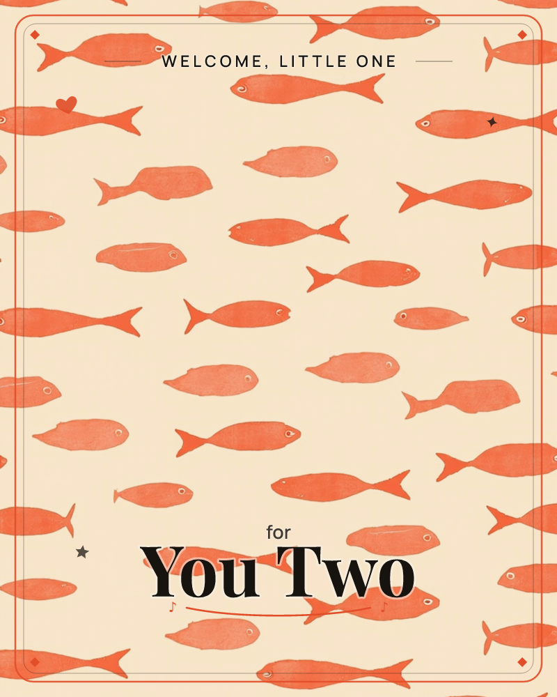 A repeating pattern of simple orange fish silhouettes swims in loose rows across a pale peach background, a new baby e-card design