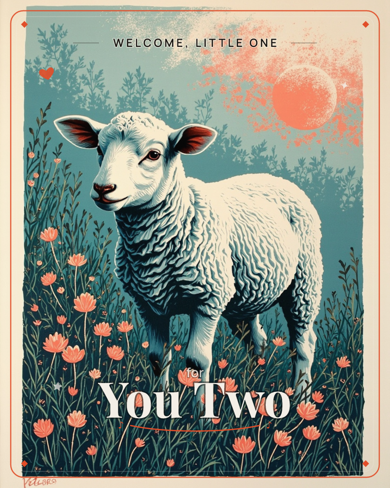 A woolly sheep stands in a meadow thick with coral-pink wildflowers, its curled fleece rendered in fine textured lines against a hazy teal forest, a new baby e-card design