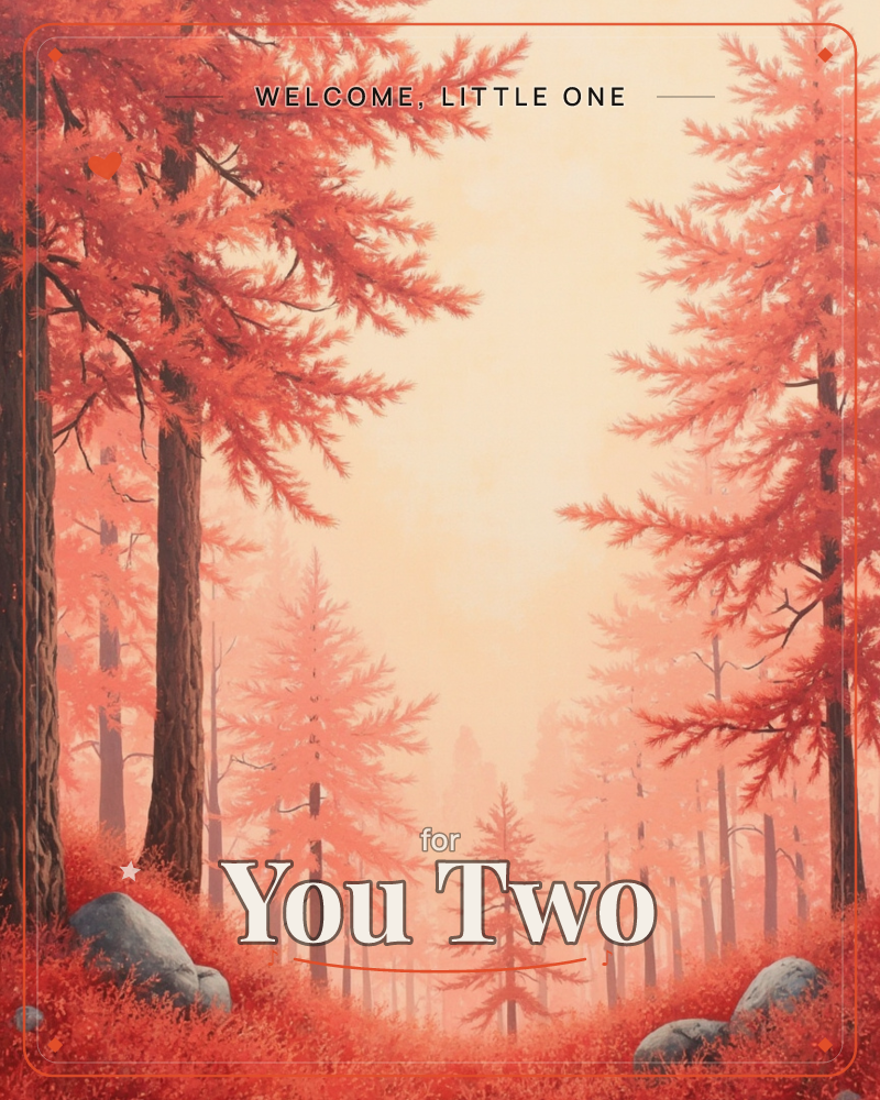 A hushed forest glows entirely in red and coral, tall conifers with rust-colored needles framing a soft, pale sky, a new baby e-card design
