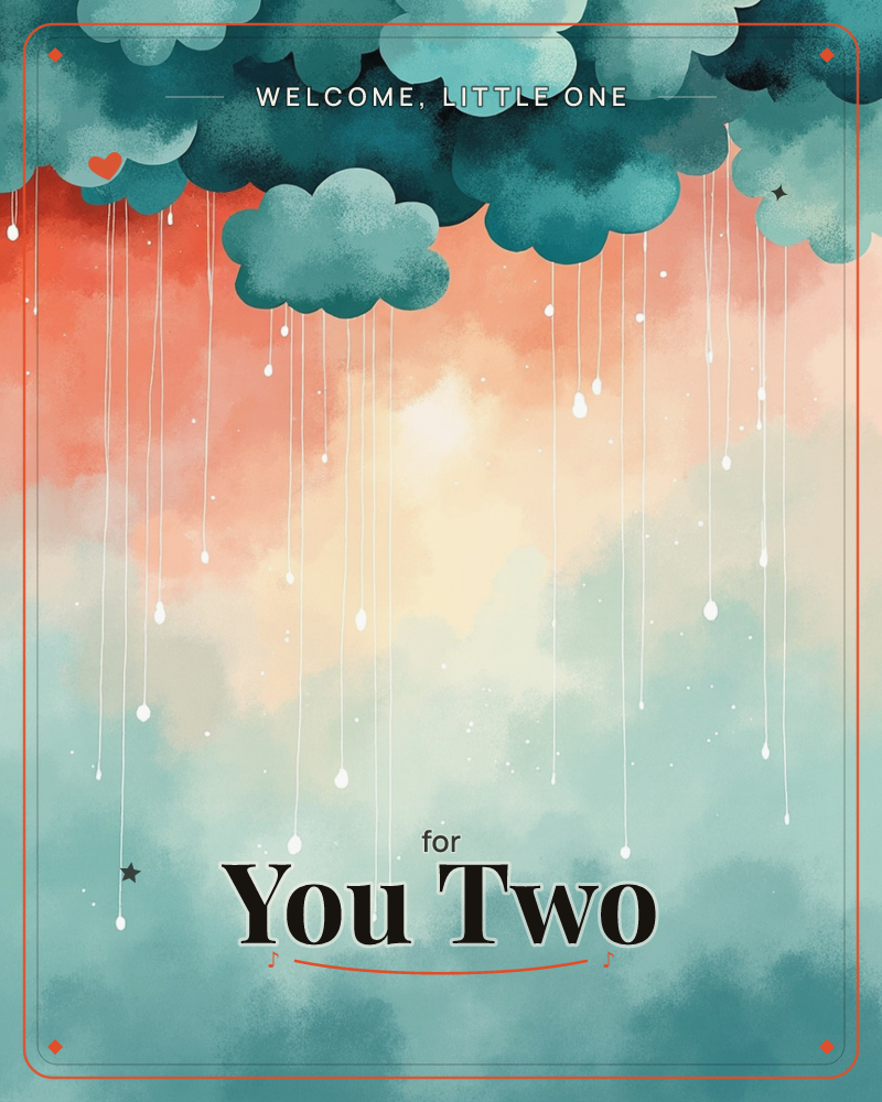 Deep teal clouds gather along the top edge of the card, releasing thin silvery raindrops that fall the length of the page, a new baby e-card design