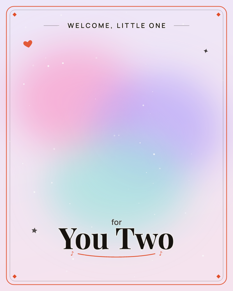 A soft cloud of colour drifts across the page, pink melting into lavender and cooling into pale mint, with faint sparkles scattered like distant stars, a new baby e-card design by @DittyCityTeam