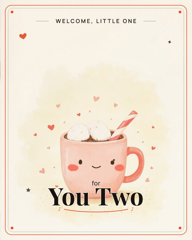 A rosy-cheeked pink mug with a smiling face sits centre stage, filled with hot cocoa, two marshmallows, and a candy-cane striped straw, a new baby e-card design