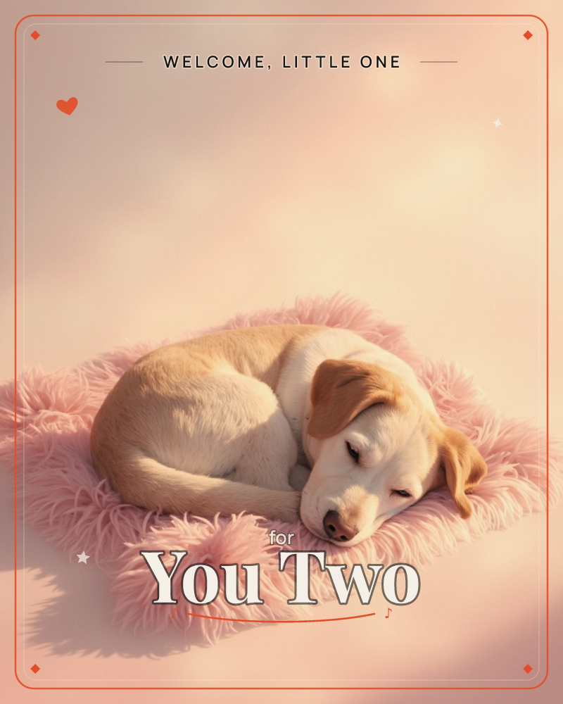 A tan and white puppy is curled up asleep on a fluffy pink rug, its nose tucked toward its paws, a new baby e-card design