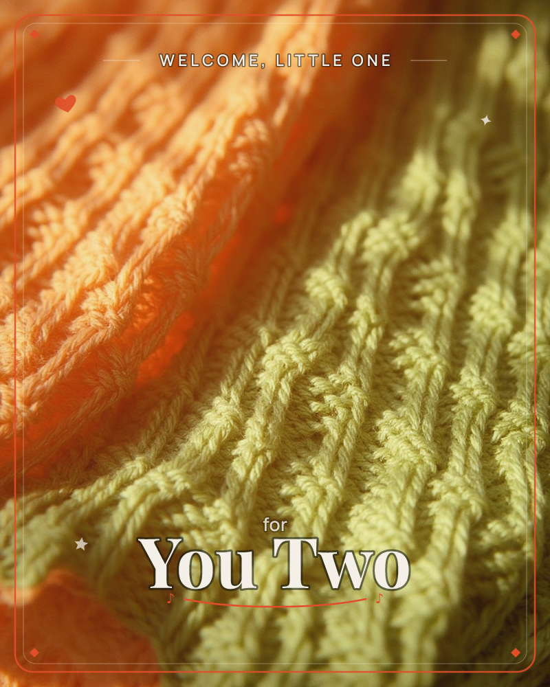 A close-up photograph of two knitted textures pressed together, one in bright orange and one in pale yellow-green, their ribbed and cabled stitches…, a new baby e-card design