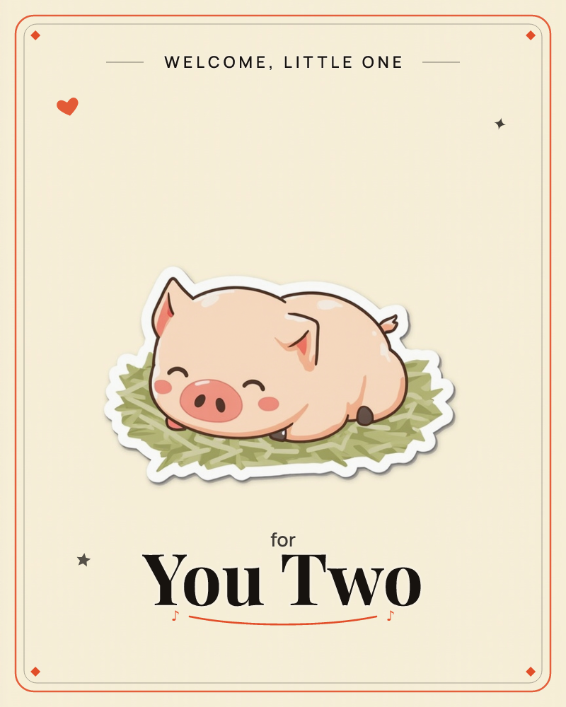 A round, rosy-cheeked pink pig lies curled up asleep on a patch of green grass, drawn as a sticker-style illustration with a bold white outline, a new baby e-card design