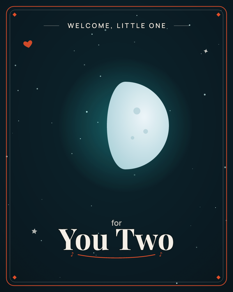 A luminous full moon glows against a deep teal-black night sky, its soft craters scattered across a pale rounded surface, a new baby e-card design by @DittyCityTeam