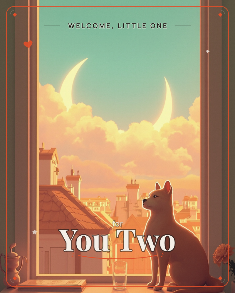 A tan cat sits perched on a windowsill, gazing out over rooftop chimneys toward two crescent moons hanging in a peach-and-teal evening sky, a new baby e-card design