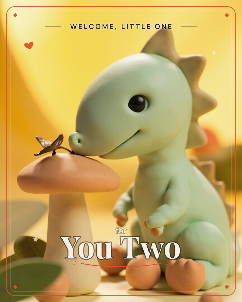 A small round-bodied dinosaur figure with soft sage-green skin and a smiling face leans forward to sniff a tiny butterfly perched on top of a mushroom, a new baby e-card design