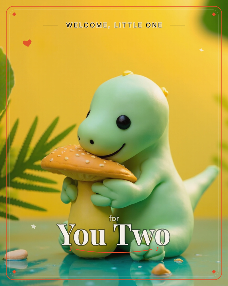 A pastel-green toy dinosaur with a rounded body and small yellow spikes hugs an orange-capped mushroom nearly its own size, grinning with one paw…, a new baby e-card design