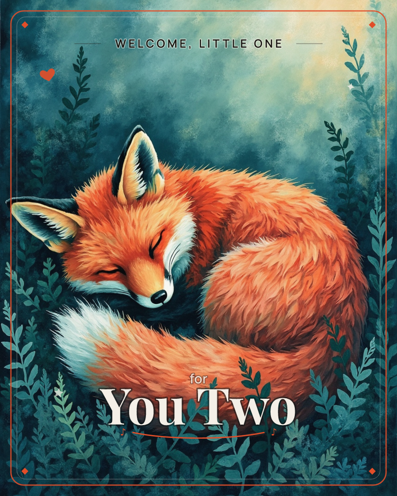 A red fox lies curled into a tight ring, nose tucked beneath its own bushy white-tipped tail, eyes closed in deep sleep, a new baby e-card design