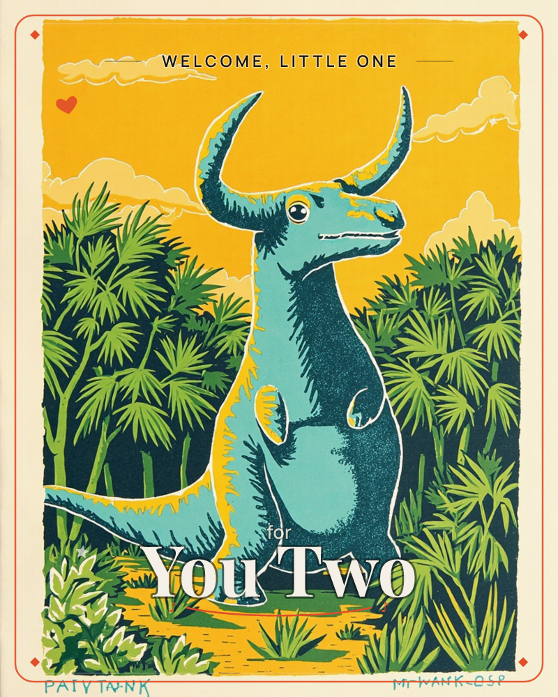 A whimsical horned dinosaur stands upright on two legs amid dense palm fronds, its teal body outlined in bold linocut strokes against a warm…, a new baby e-card design