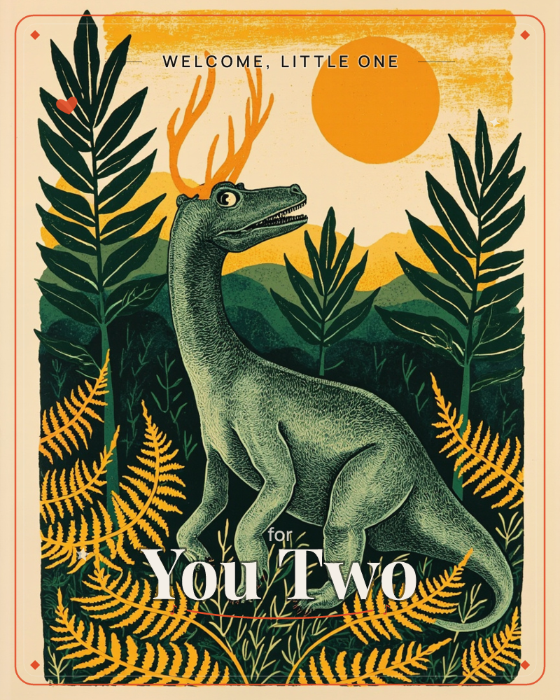 A whimsical long-necked dinosaur with branching antlers stands among tall ferns and layered green hills, a bold orange sun glowing overhead, a new baby e-card design