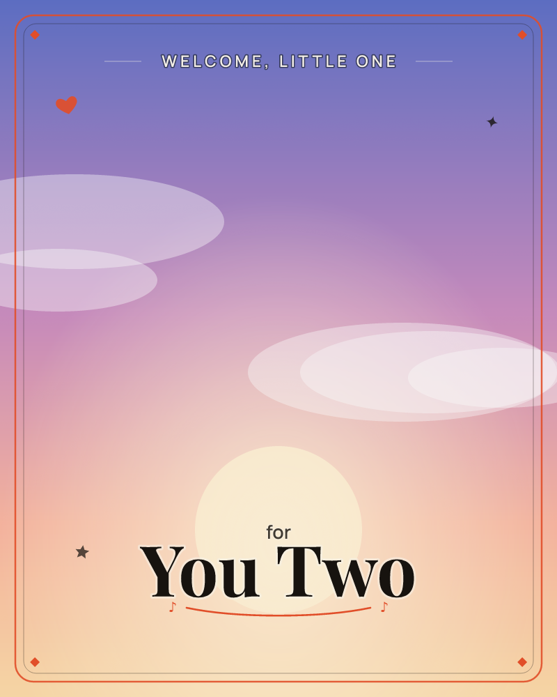 A soft gradient sky shifts from deep indigo at the top down through lilac and rose to a warm sandy haze near the horizon, where a pale glowing sun sits…, a new baby e-card design by @DittyCityTeam