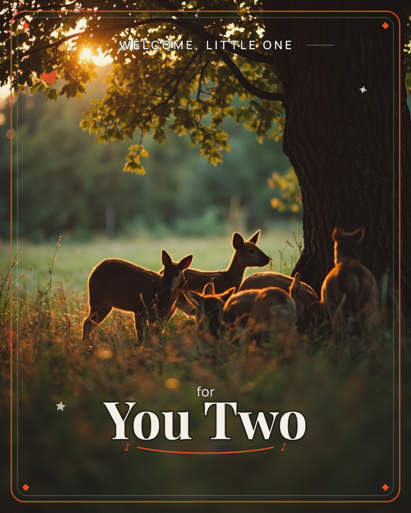A small huddle of deer gathers beneath the broad canopy of a tree as golden evening light breaks through the leaves behind them, a new baby e-card design