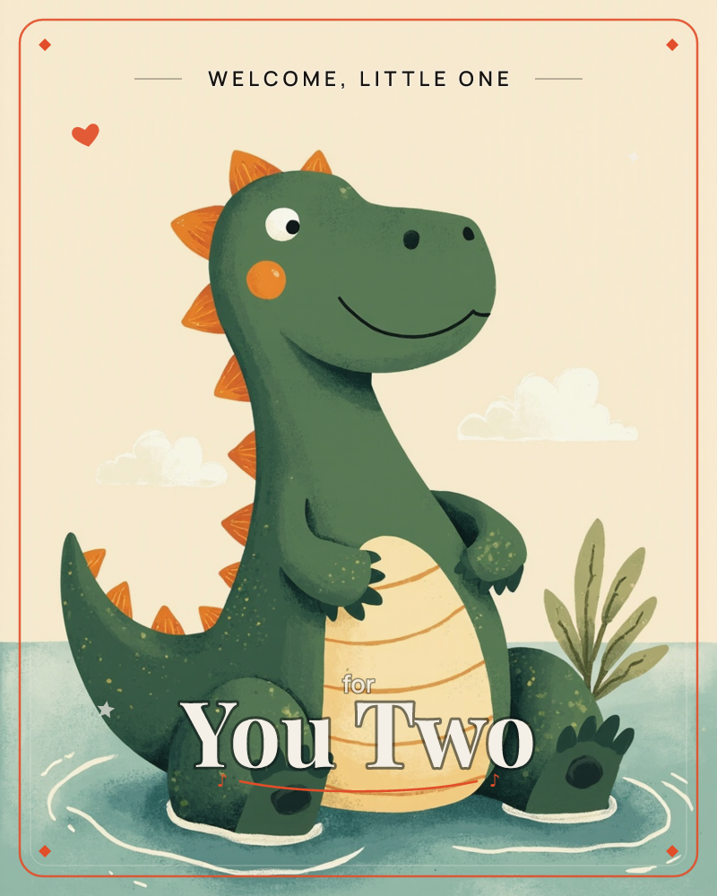 A cheerful green dinosaur with orange spines and a striped cream belly stands smiling in shallow blue water, its tail curled beside it and a tuft of…, a new baby e-card design
