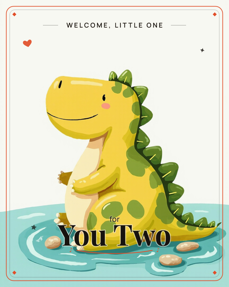 A cheerful yellow dinosaur with green spots and spiky ridges sits smiling on a pale turquoise puddle dotted with smooth pebbles, a new baby e-card design