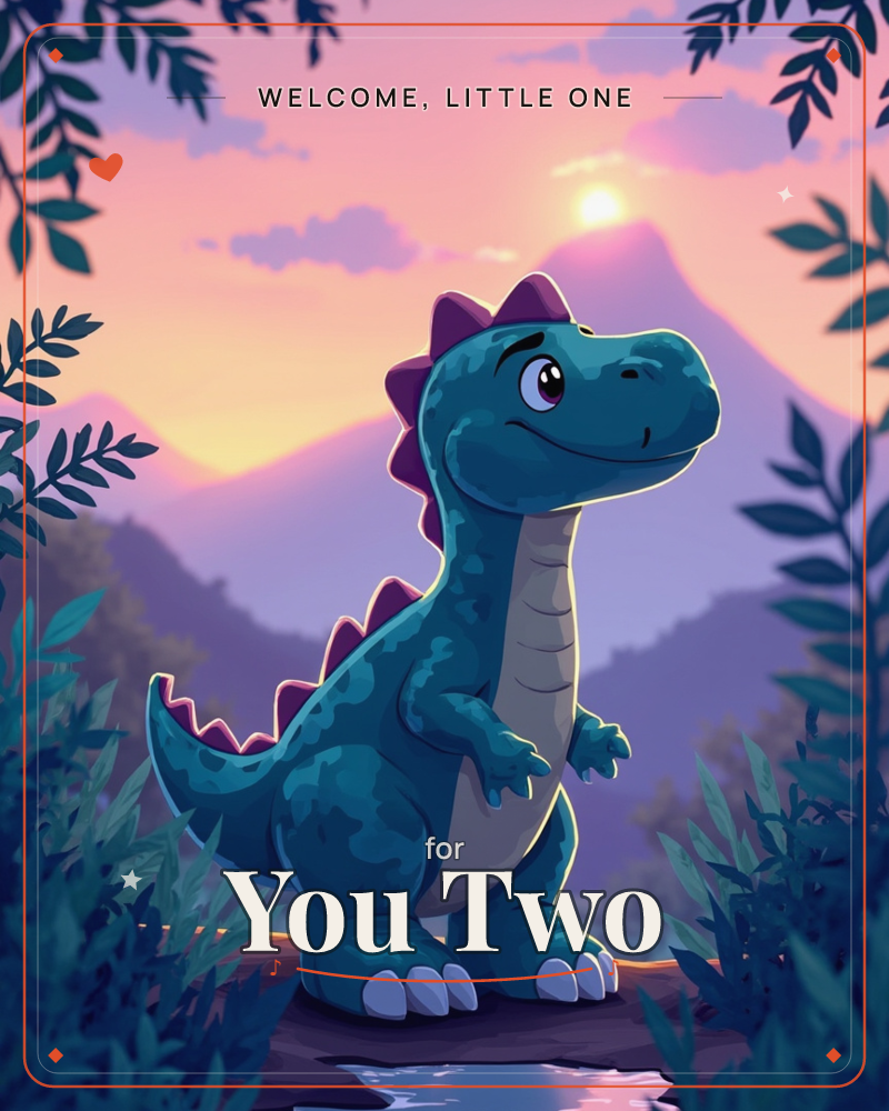 A friendly teal dinosaur with purple spikes stands on a rocky ledge above a quiet stream, framed by leafy branches on both sides, a new baby e-card design