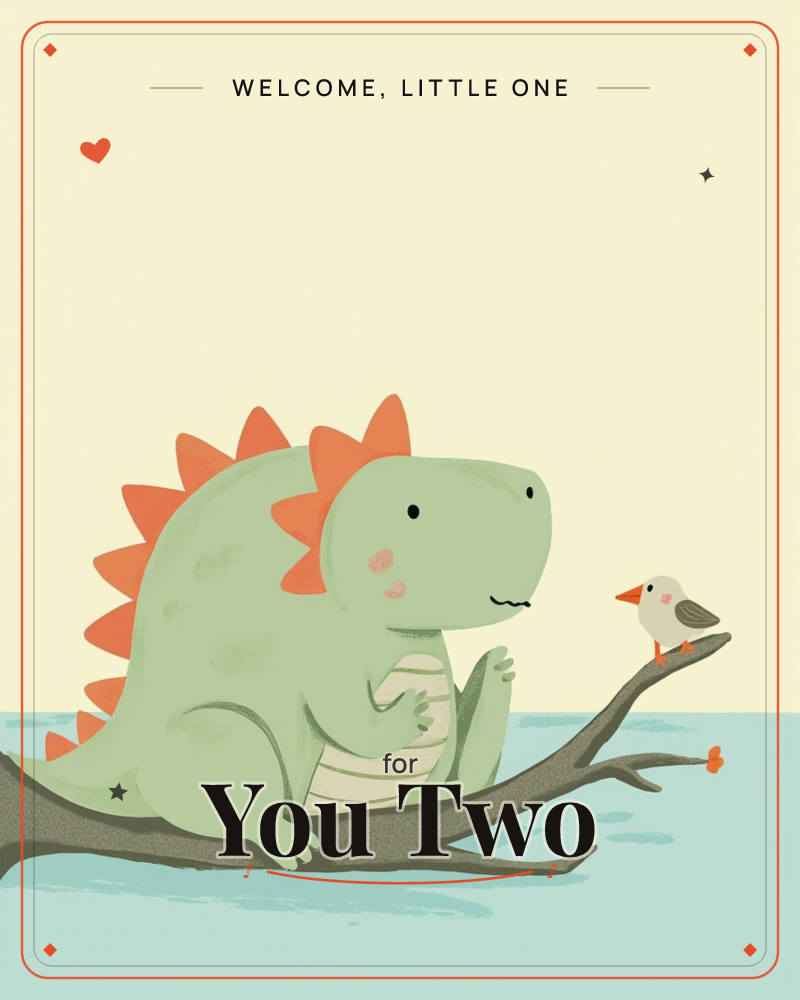 A round green dinosaur with orange triangular spikes perches on a thick branch over pale blue water, sitting nose to beak with a small bird, a new baby e-card design