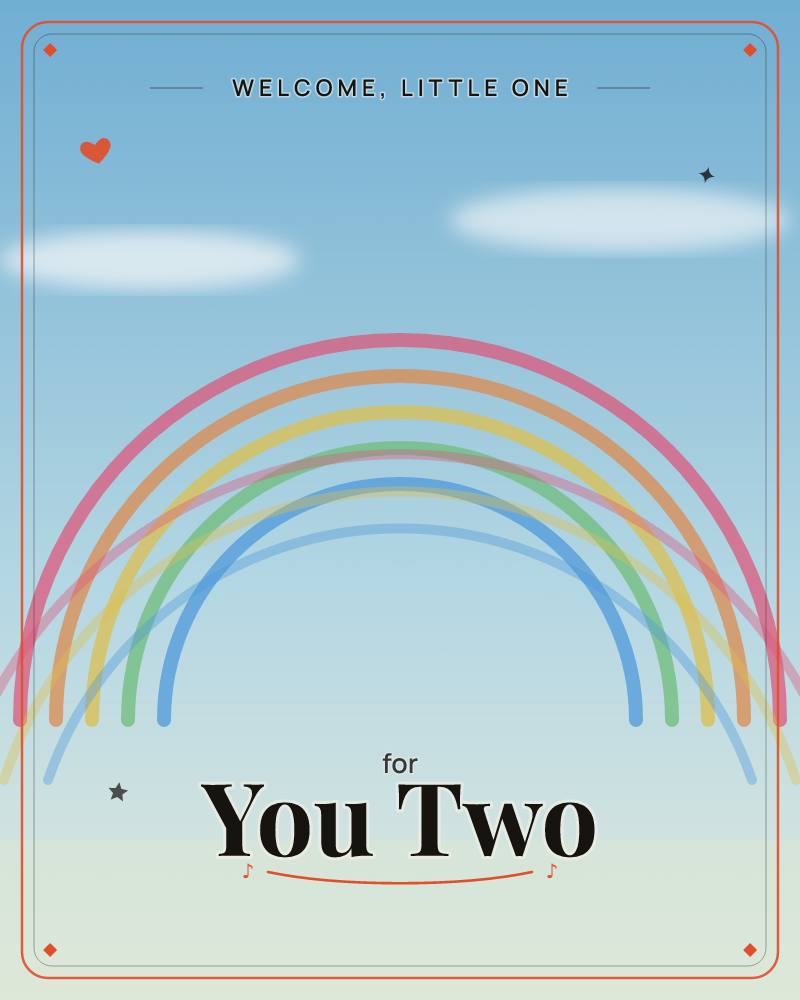 A tall arched rainbow of layered pastel bands stretches across a soft blue sky, with two blurry white clouds floating above it, a new baby e-card design by @DittyCityTeam