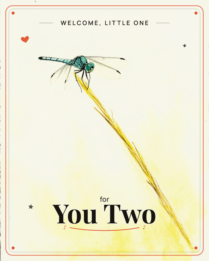 A teal-bodied dragonfly perches at the tip of a slender golden reed, its fine wings sketched in delicate ink lines against a soft cream background, a new baby e-card design