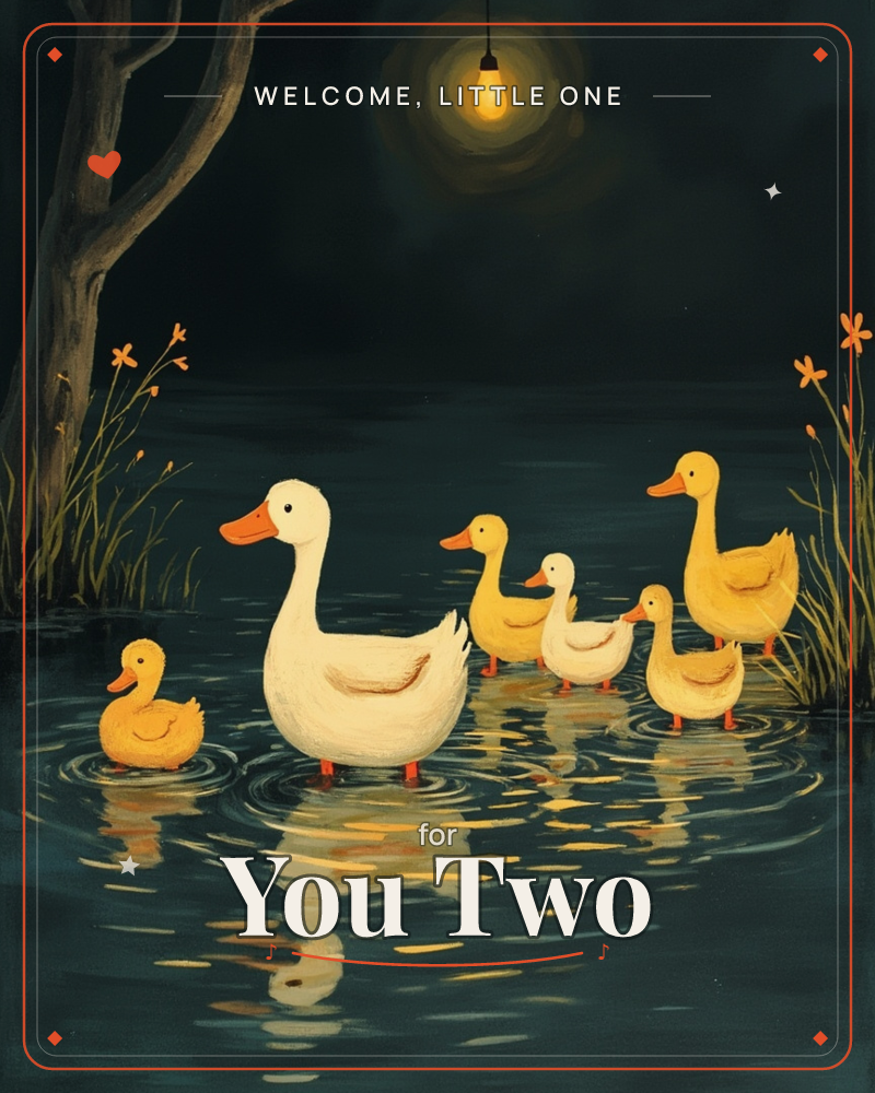 A white duck leads five golden ducklings across a dark pond at night, their reflections rippling in the still water below a single glowing bulb hanging…, a new baby e-card design