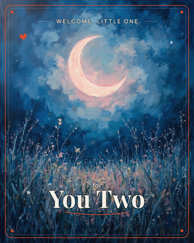A glowing crescent moon in soft pink and cream hangs low in a swirling indigo sky above a meadow of wild grasses and tiny flowers, a new baby e-card design