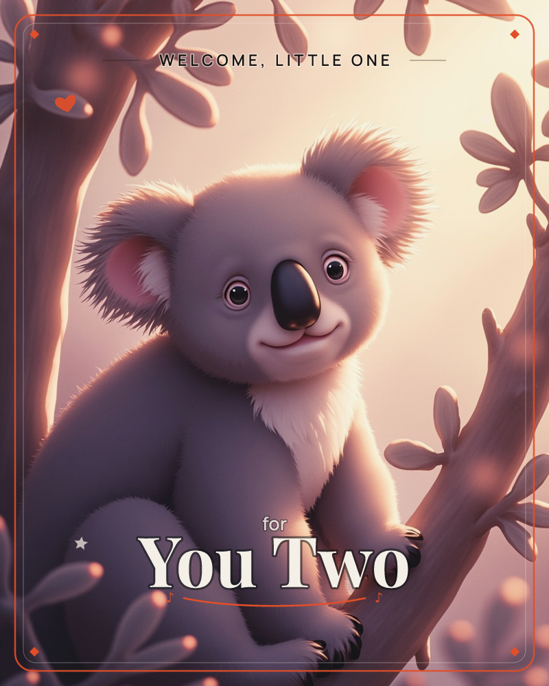 A round-faced koala perches snugly in the fork of a tree, its fuzzy ears catching a soft glow of backlight against a dusky pink and cream sky, a new baby e-card design