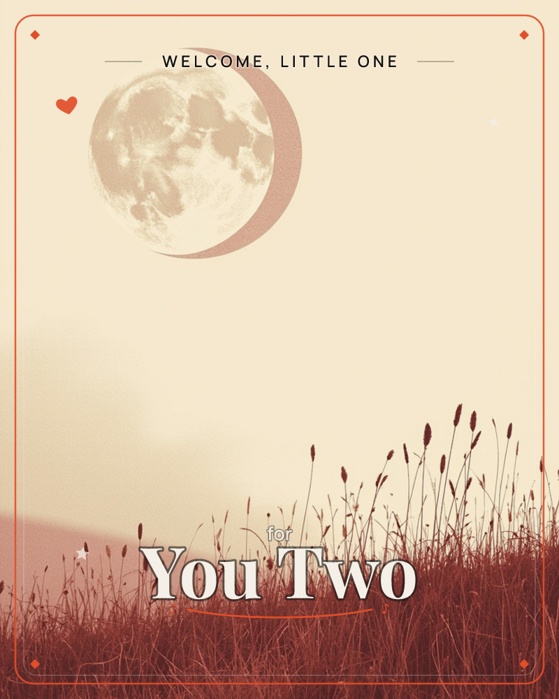 A large full moon overlaps with a dusky rose crescent shape against a hazy, vignetted cream sky, while tall wild grasses and seed heads stand in…, a new baby e-card design