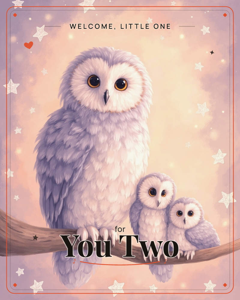 A large lilac-white owl perches on a branch with two smaller owlets tucked beside it, all gazing out with wide amber eyes, a new baby e-card design