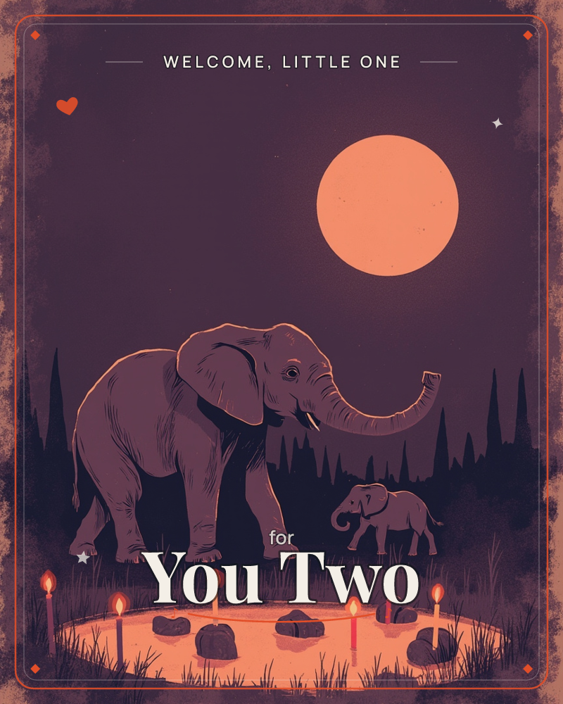A large elephant and its smaller calf walk together across a dusky savanna beneath a huge glowing orange moon, a new baby e-card design