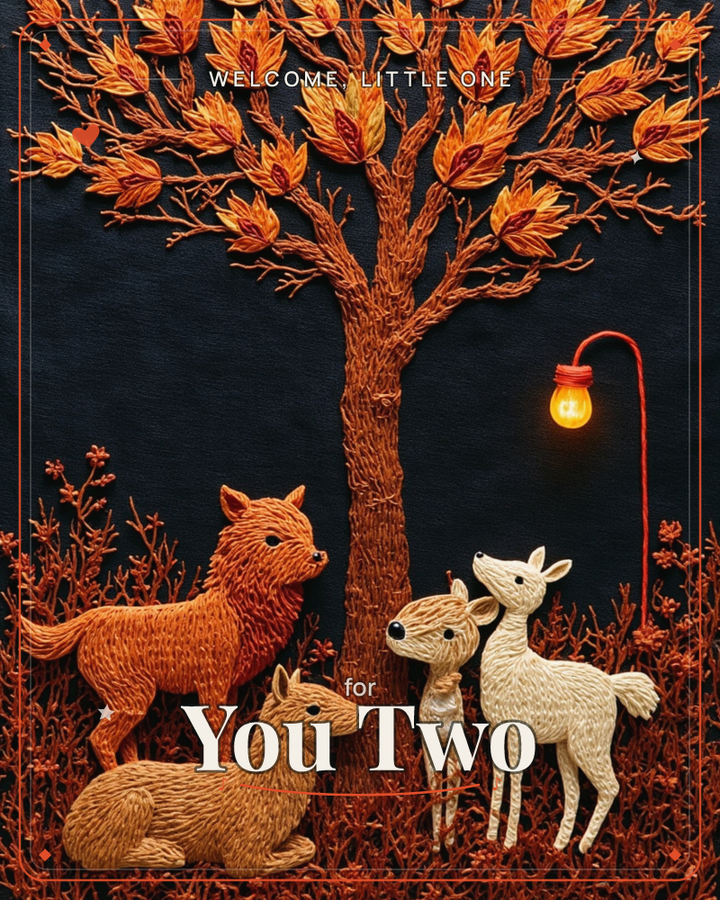 An embroidered autumn tree glows with orange and rust leaves against a deep navy night, its textured branches sheltering a small group of stitched…, a new baby e-card design