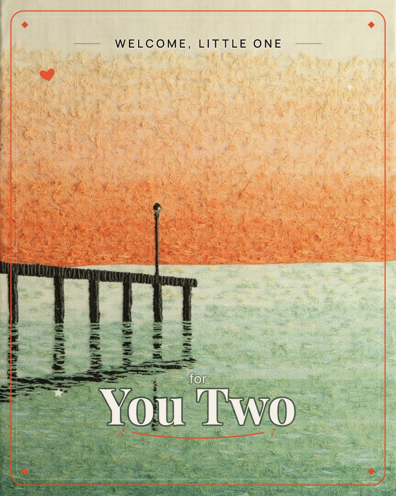 A weathered wooden pier with a single lamp post extends into calm, seafoam-green water beneath a glowing orange sky, a new baby e-card design