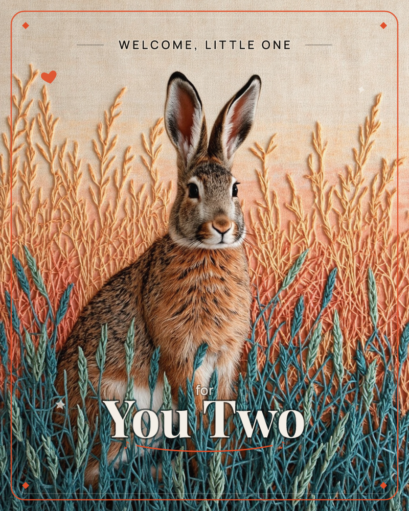 A rabbit sits alert amid tall grasses that shift from teal at the base to warm coral higher up, its ears raised against a soft gradient sky, a new baby e-card design