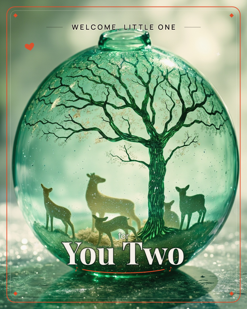 A round glass ornament glows in emerald green, holding a delicate etched tree with bare branching limbs and a small herd of deer silhouetted beneath it, a new baby e-card design
