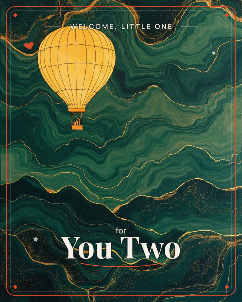 A golden hot air balloon drifts through a swirling emerald sky, its basket carrying two small silhouetted figures, a new baby e-card design