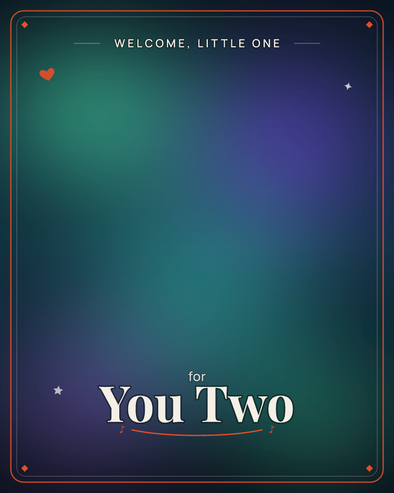 An abstract wash of colour glows softly against near-black corners, with an emerald bloom in one corner melting into a deep violet haze on the other side, a new baby e-card design by @DittyCityTeam