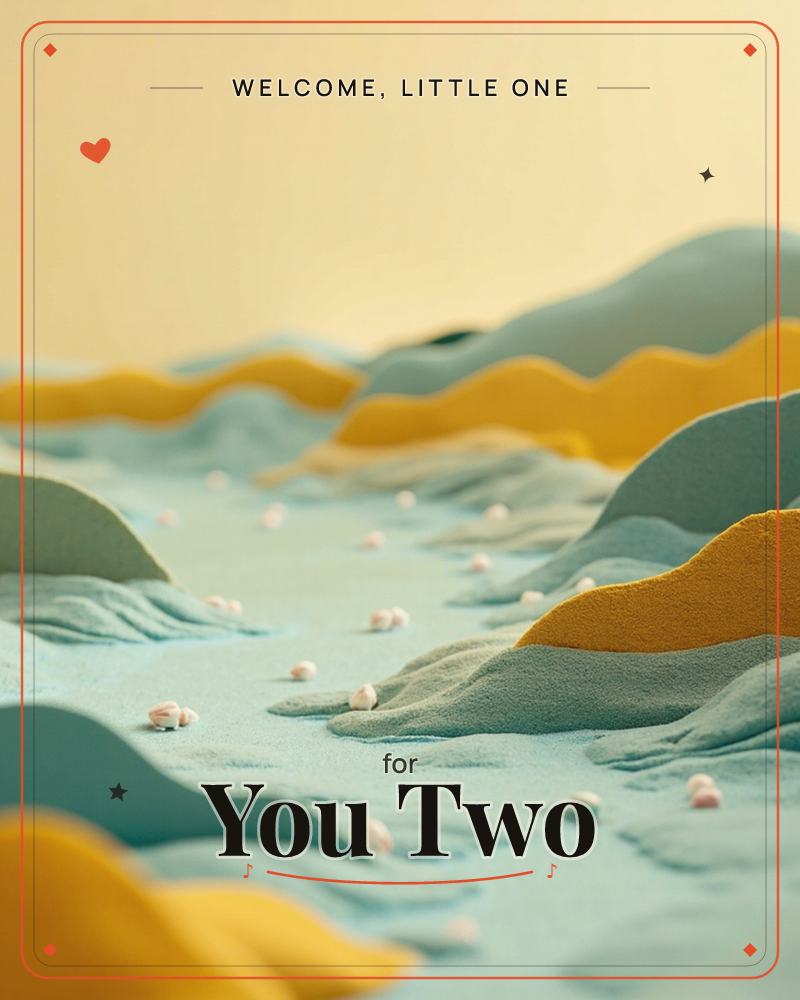 A sculpted miniature landscape of rolling dunes in soft teal and mustard yellow, textured like felt or fine sand, stretches toward a warm golden horizon, a new baby e-card design