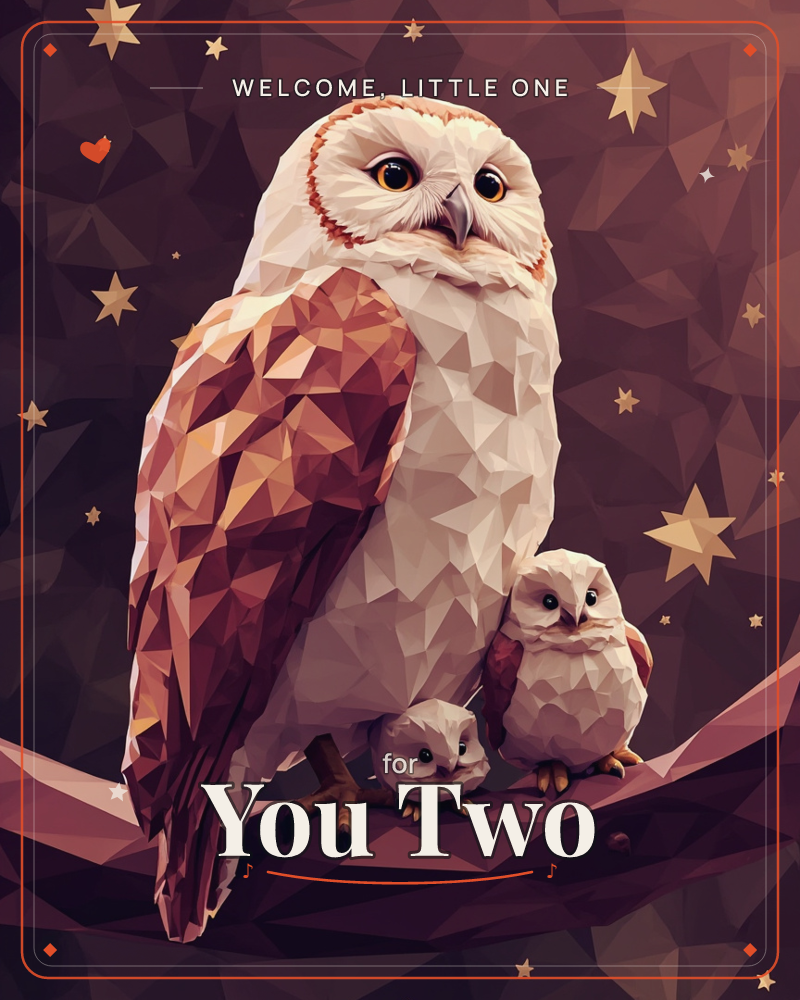 A geometric low-poly barn owl perches on a branch beside two smaller owlets, all faceted in warm cream and rust tones against a deep plum night sky…, a new baby e-card design