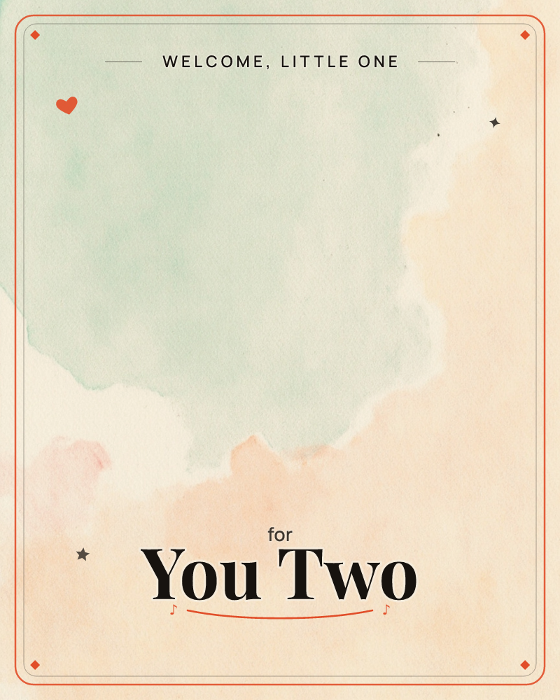 Soft washes of watercolour bleed into one another across the page, a sage-green cloud settling over a warm peach horizon, with a faint blush of pink…, a new baby e-card design