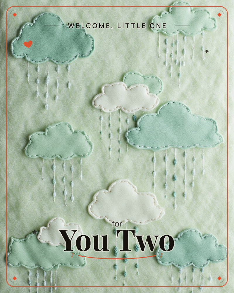 Soft felt clouds in mint and cream are appliquéd onto a pale quilted fabric background, each one hand-stitched around the edges with tiny beaded…, a new baby e-card design