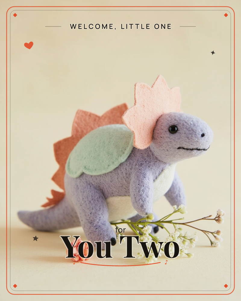 A felt stegosaurus toy in soft lavender stands against a plain cream backdrop, its back lined with peach and mint felt plates and a small coral rosette…, a new baby e-card design