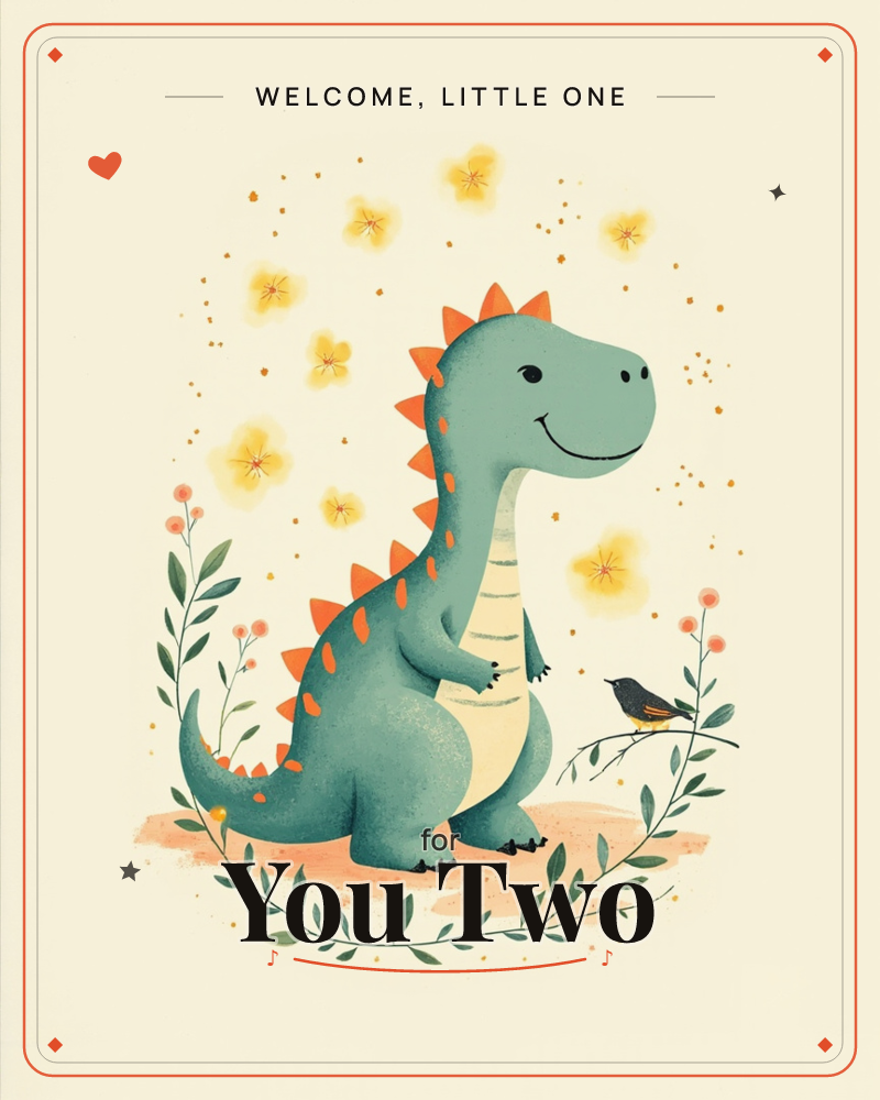 A cheerful teal dinosaur with orange spikes stands smiling on a sandy patch, framed by curling green vines and soft yellow blossoms, a new baby e-card design