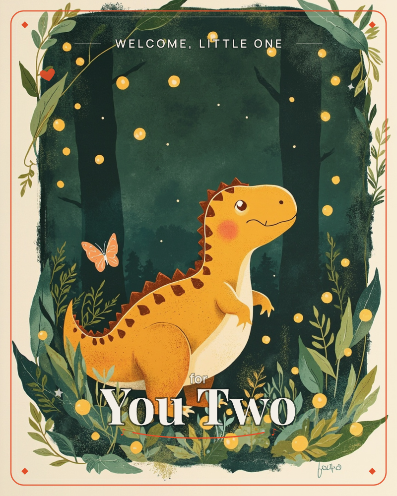 A round-bellied orange dinosaur with rosy cheeks stands in a dark forest glowing with golden fireflies and scattered stars, watching a pink butterfly…, a new baby e-card design