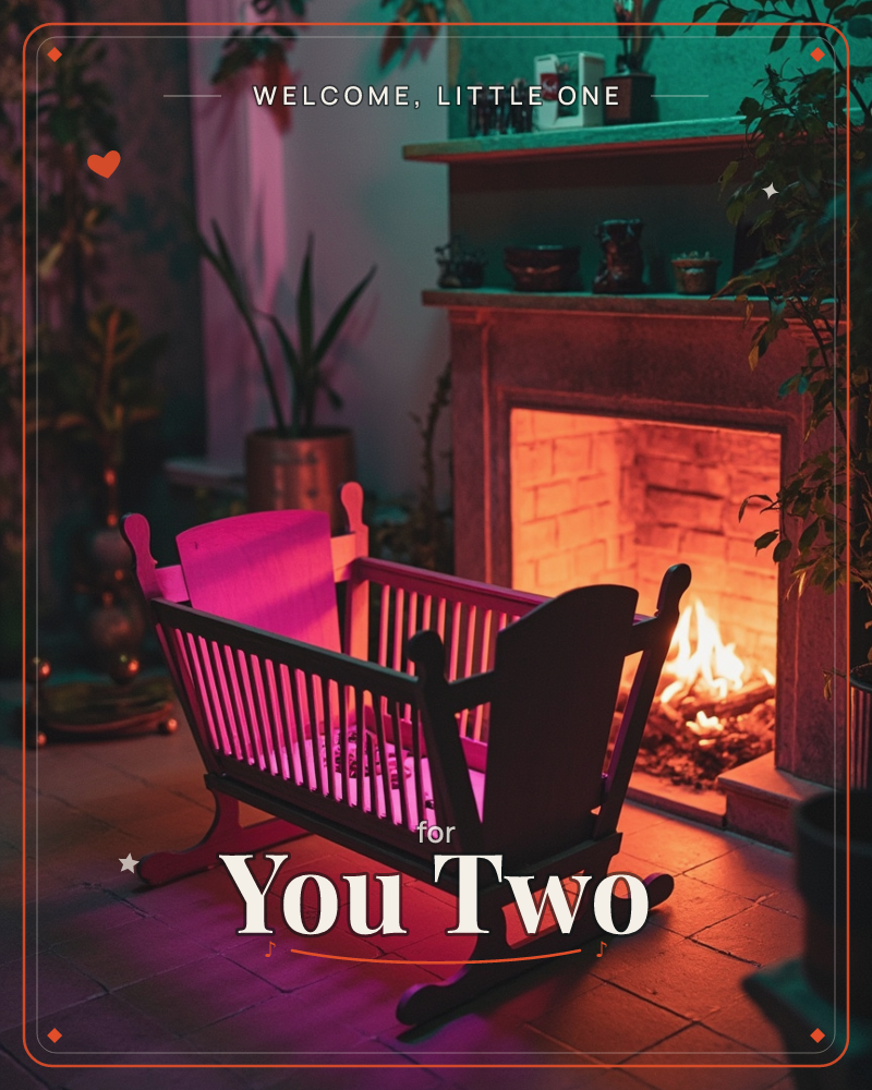 A wooden rocking cradle glows deep pink beside a lit fireplace, its slatted sides catching the firelight in a cosy, dim room, a new baby e-card design